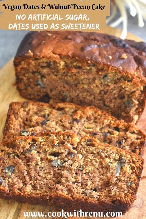 Slices of Egg-Less, Sugar-Less, Butter-Less Dates & Walnut Cake or a Vegan Dates and Walnut Cake showing the inside texture. Healthy Apple Cake, Sugar Free Cake Recipes, Date And Walnut Cake, Rich Cake, Sugar Free Cake, Artisan Bread Recipes, Eggless Baking, Healthy Vegan Desserts, Cake Vegan