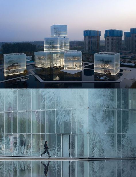 Ice Cubes Cultural Tourist Center / Zone of Utopia + Mathieu Forest Architecte Photographs: ArchExist Cube Architecture Design, Utopia Architecture, Cube Architecture, Ice Design, Forest Architecture, Ice Architecture, Transparency Architecture Concept, Culture Center Concept, Glass Cube Architecture