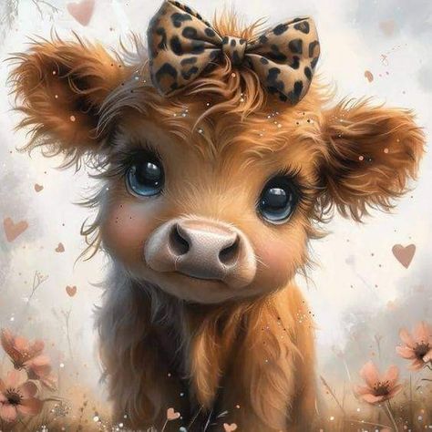 Cow Cartoon Images, Highland Cow Art, Baby Highland Cow, Cow Pictures, Baby Cow, Image 3d, Hur Man Målar, Cow Art