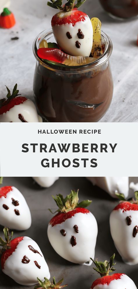 Strawberry Ghosts Cute Halloween Baking, Ghost Strawberries, Strawberry Mushrooms, Strawberry Ghost, Strawberry Ghosts, Yummy Fall Recipes, Chocolate Covered Strawberry, Halloween Treats Easy, Appetizers Easy Finger Food