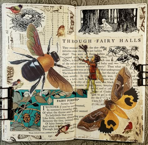 Collage In Sketchbook, Sketch Collage, Journal Collage Ideas Inspiration, Art Journal Pages Ideas Creativity, Scrapbook Collage, Journal Collage, Gcse Art Sketchbook Insects, Butterfly Art Journal Ideas, Insect Art Journal