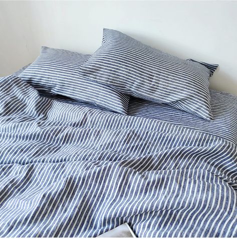 Set of 3 stone washed pure Linen, blue striped bedding linen, bed set duvet cover + 2 pillowcases by LinenLegend on Etsy Blue Striped Bedding, Ucf Dorm, Bed Set Duvet, Refreshing Aesthetic, Bed Layout, Dorm Wishlist, Bedding Linen, Twin Xl Duvet Covers, Linen Bed