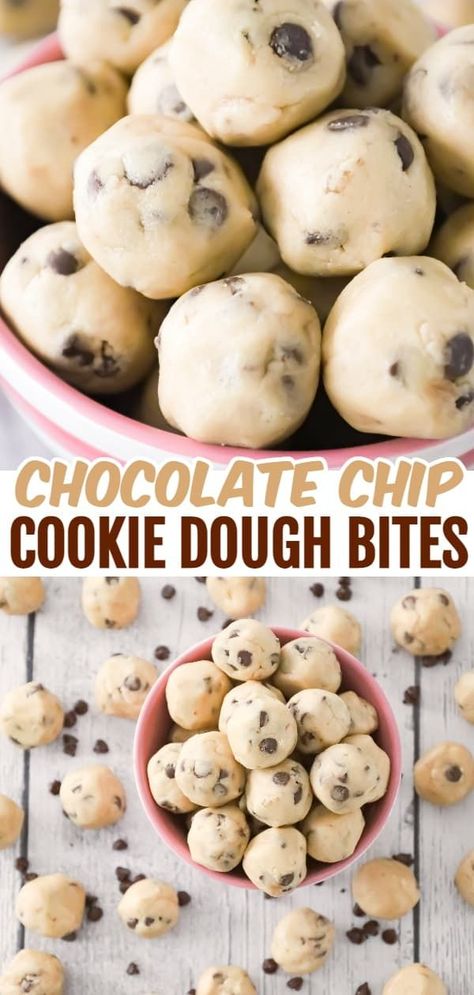 Cookie Dough Bites are delicious no bake treats loaded with mini chocolate chips. Cookie Dough Bites No Bake, Chocolate Chip Cookie Balls, Frozen Cookie Dough Bites, No Bake Cookie Dough Bites, Edible Cookie Dough Bites, Chocolate Covered Cookie Dough, Edible Chocolate Chip Cookie Dough, Chocolate Chip Cookie Dough Bites, Edible Cookie Dough Recipe