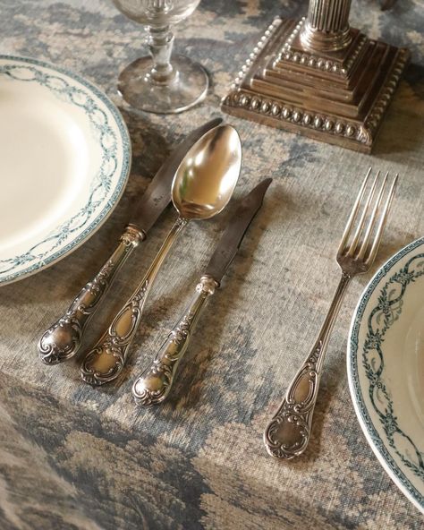 Dreamy Rococo cutlery, 18th century porcelain and tapestry printed table linens 🦢 All available right now on our website. Photographed at @lamport_hall #antique #antiquetableware #antiquetable #tablescape #tablestyling #tabledecor #tablesetting #maisonfete Southern Gentleman Style, 18th Century Porcelain, Rococo Revival, Etiquette And Manners, Lakeside Wedding, Antique Plates, Ideas Casa, Reference Book, Antique Table