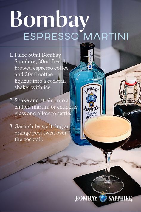 Gin Espresso Martini, Bombay Gin Cocktails, Bombay Sapphire Gin Cocktails, Whisky Map, Beautiful Drink, Cocktail Shots, Gin Recipes, Bombay Sapphire, Gin Drinks