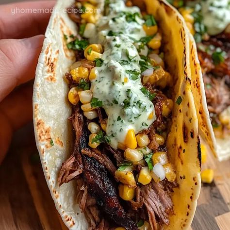 Braised Brisket Tacos With Street Corn And Jalapeño Lime Ranch Creamy Street Corn, Brisket Tacos Recipe, Meat Soups, Braised Beef Brisket, Pizza Grilled Cheese Recipes, Tangy Slaw, Pasta Casseroles, Brisket Tacos, Braised Brisket