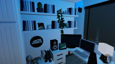 Boys Bedroom Bloxburg, Bloxburg Boy Bedroom, Computer Bedroom, Bloxburg Rooms, Boys Room Blue, Blocksburg Room Ideas￼, Bloxburg Houses, Bloxburg Builds