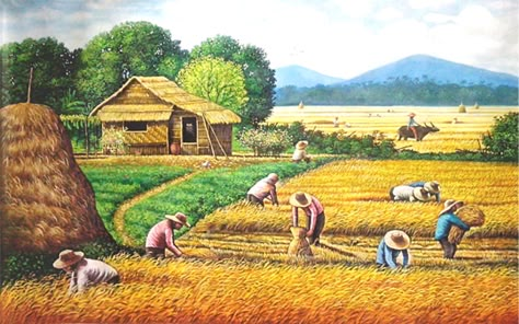 Painting Harvest Scenery in the Philippines. by Joel Masaya, via Behance Farmer Painting, Village Scene Drawing, Village Drawing, Drawing Scenery, Filipino Art, Philippine Art, Beauty Paintings, Landscape Painting Tutorial, Farm Paintings