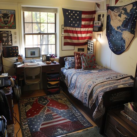 college dorm ideas for guys vintage americana Boy Dorm Room Ideas, College Dorm Ideas, Room Ideas For Guys, Dorm Room Ideas For Guys, Dorm Room Comforters, Vintage Dorm, Room Decor Men, Guy Dorm, Guy Dorm Rooms