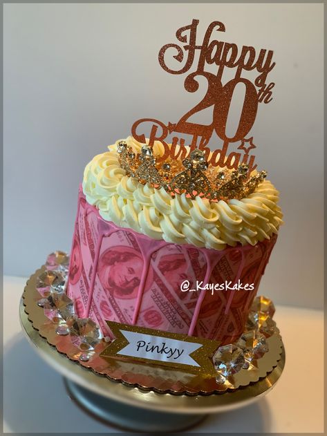 Pink Money Theme Party Ideas, Pink Money Birthday Party Theme, Pink Money Cake, Small Money Cake, Money Themed Birthday Cake, Dollar Cake Design, Pink Girly Cake, Money Theme Cake For Women, Pink Money Cake Birthday