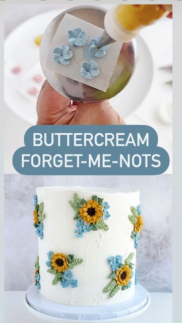 Sarwat Ahmad on Instagram: "Simple little buttercream forget-me-nots are so easy to pipe and are wonderful accent or filler flowers. I love their color! Typs’s tips: • Piping multiple tiny flowers on one parchment square saves a lot of space and time • Flowers are piped, frozen and then positioned on the cake with a dab of buttercream" Tiny Buttercream Flowers, Simple Frosting Flowers, Small Buttercream Flowers, Forget Me Not Cake, Cake Icing Tips, Frosting Flowers, Tasty Pastry, Easy Frosting, 10 Birthday Cake