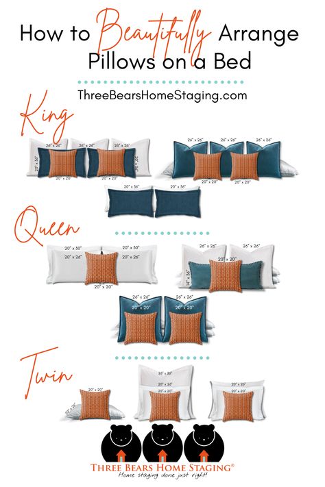 How to arrange pillows on a bed depends on the size of the bed, the style of the room, and the type of pillows you’re using. A well-staged bedroom conveys an atmosphere of calm, rest, and relaxation. Let’s take a look at a few different ways to style throw pillows for beds that will wow potential buyers and show them what a relaxing space you have to offer.