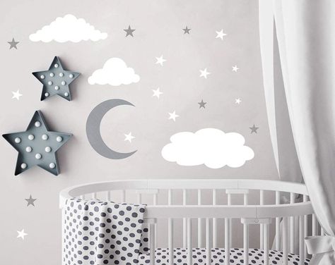 Night Nursery, Cloud Wall Decal, Kids Room Wall Stickers, Clouds Nursery, Star Wall Decals, Nursery Wall Stickers, Removable Wall Stickers, Star Nursery, Nursery Baby Room