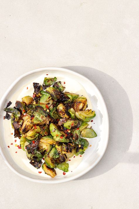 Charred Brussel Sprouts with Whipped Feta | Assortment Foods Pan Fried Asparagus, Vegetarian Lasagne, Charred Broccoli, Miso Chicken, Asparagus Fries, Large Fries, Food Side Dishes, Whipped Feta, Lets Eat