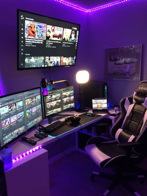 Tv Above Gaming Setup, Stream Room Setup, Gaming Room With Tv, 34 Inch Monitor Setup, Comfy Gaming Room, Computer Monitor Setup, Tv Gaming Setup, Streaming Room Ideas, Cozy Gaming Room