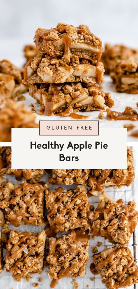 Healthy apple pie bars with a delicious oat crumble topping and a drizzle of homemade salted peanut butter caramel. These gluten free apple pie bars are filled with warm, cozy spices and easily made vegan for the perfect fall dessert! #applerecipe #applepie #fallrecipe #healthydessert #glutenfree #glutenfreedessert Apple Pie Bars Gluten Free, Keto Apple Pie Bars, Paleo Apple Pie Bars, Healthy Apple Pie Bars, Healthy Apple Bars Recipes, Apple Pie Healthy Recipe, Apple Bars Healthy, Apple Pie Healthy, Gluten Free Apple Pie Bars