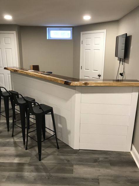 Shiplap bar with live edge bar top Bar Front Ideas Diy, Shiplap Bar Ideas, Shiplap Under Bar Counter, Shiplap Bar Wall, Bar With Shiplap, Basement Oasis, Sunroom Bar, Shiplap Bar, Bar Wall Ideas