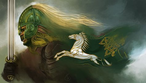 Ride at dawn by Ssarawolf.deviantart.com on @DeviantArt - Eomer from "Lord of the Rings" Rohan Lord Of The Rings, Eomer Lord Of The Rings, Middle Earth Books, Lotr Trilogy, Hobbit Art, John Howe, Middle Earth Art, Tolkien Art, Lotr Art