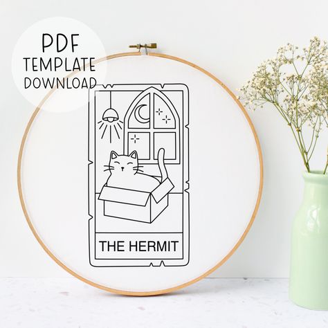 The Hermit Tarot Card Embroidery Pattern Download, Cat Lover Embroidery, Introvert Embroidery, Psychic Embroidery Pattern Cute Cat Decor Embroidery Tarot, Tarot Card Embroidery, Lover Embroidery, The Hermit Tarot Card, Hermit Tarot Card, Hermit Tarot, The Hermit Tarot, Cat Lover Birthday, Card Embroidery