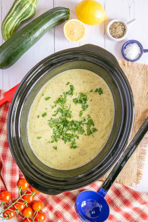 Slow Cooker Courgette Soup (Zucchini Soup) - Fuss Free Flavours Zucchini Soup Recipes Slow Cooker, Crock Pot Zucchini Soup, Zucchini Crockpot Soup, Slow Cooker Zucchini Soup, Zucchini Soup Recipes Creamy, Slow Cooker Zucchini, Soup Zucchini, Courgette Soup, Slow Cooker Tomato Soup