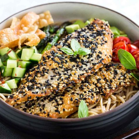 Pan Fried Tilapia, Fried Tilapia, Crusted Tilapia, Vegetable Quinoa, Sweet And Spicy Sauce, Tilapia Recipes, Asian Inspired Dishes, Wontons, Soba Noodles