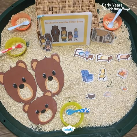 Our amazing goldilocks and the three bears resources in use thanks to Jenna Maxwell Goldilocks Nursery Activities, Goldilocks Sensory Bin, Goldilocks And The Three Bears Continuous Provision, Goldilocks And The Three Bears Sensory Bin, Three Bears And Goldilocks Activities, Goldilocks Tuff Tray Ideas, Goldilocks And The Three Bears Craft Preschool, Traditional Tales Tuff Tray, Goldilocks And Three Bears Activities