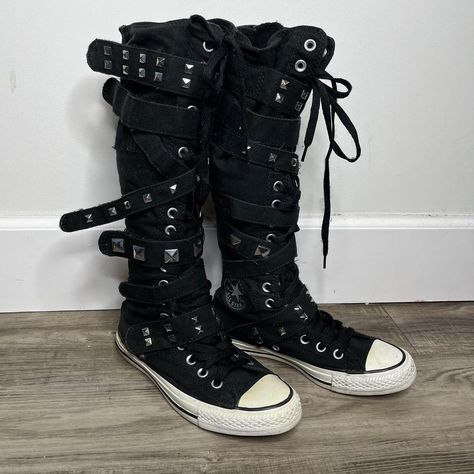 Extremely RARE knee high studded buckled converse !🖤... - Depop Knee High Converse Emo, Converse Knee High, Scene Shoes, Studded Converse, Knee High Converse, High Converse, Goth Shoes, Converse Star, Punk Clothing