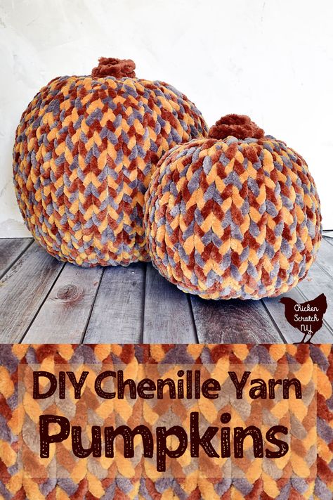 Chunky Chenille Yarn Projects, Chunky Yarn Pumpkins Diy, Chunky Yarn Crafts, Chenille Yarn Projects, Pumpkin Crafts For Adults, Chenille Yarn Crochet Patterns, Braided Pumpkin, Knit Halloween, Pumpkins Crafts