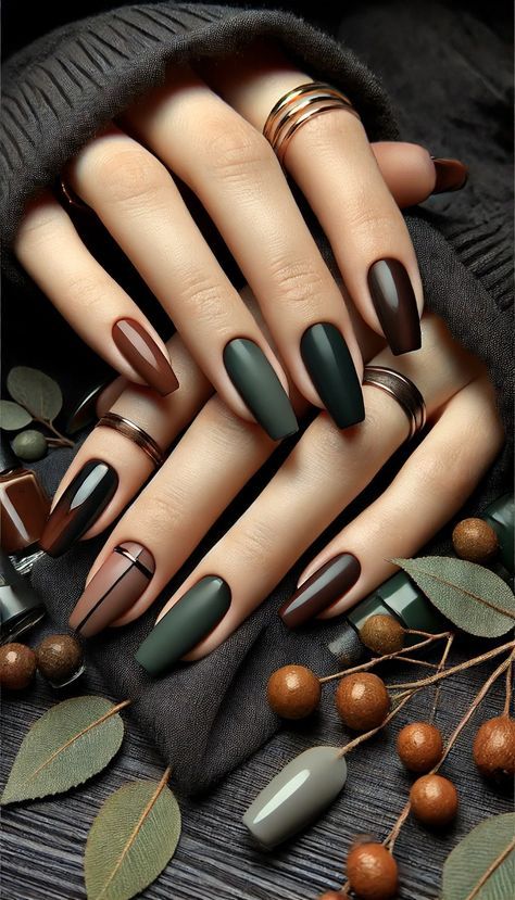 Alternate Color Nails, Dark Fall Acrylic Nails, Nail Ideas Dark Colors Art Designs, Autumn Nails Green And Brown, Deep Fall Nails, Dark Thanksgiving Nails, Moody Nail Colors, Black November Nails, Grunge Fall Nails