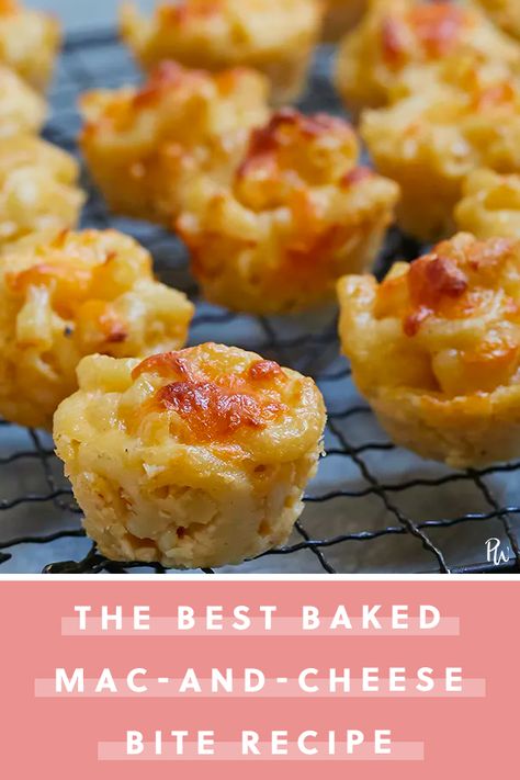 Baked Mac-and-Cheese Bites #purewow #cheese #pasta #food #recipe Baked Mac And Cheese Cups Muffin Tins, Leftover Mac And Cheese Bites, Mini Baked Mac And Cheese, Stuffed Mac And Cheese, Cubed Cheese Appetizers, Mac And Cheese Balls Baked, Mac N Cheese Bites Baked, Mac N Cheese Cupcakes, Mac And Cheese Bites Baked Mini Muffins