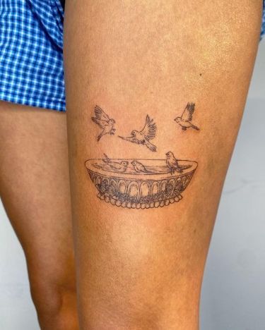 Bird Bath Tattoo Ideas, Fashion Related Tattoos, Bird Bath Drawing, Birdbath Drawing, Farenheight 451 Tattoos, Bird Bath Tattoo, Birdbath Tattoo, Vintage Looking Tattoos, Thank You Tattoo