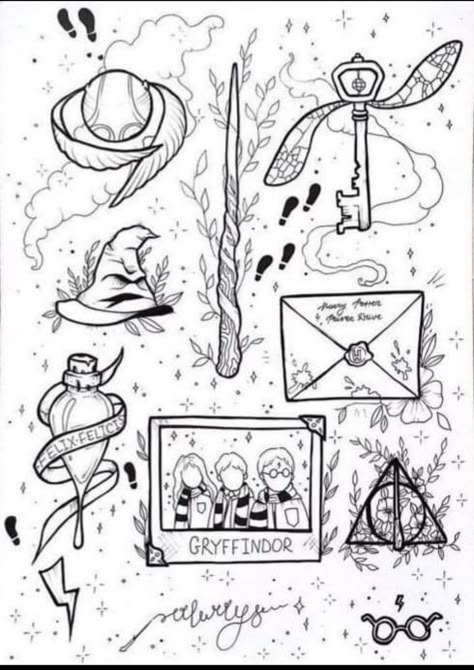 Harry Potter Flash Tattoo Sheet, Harry Potter Line Art, Harry Potter Drawings Sketches, Coloring Pages Harry Potter, Harry Potter Flash Tattoo, Harry Potter Tattoos Unique, Harry Potter Tattoo Unique, Harry Potter Lines, Harry Potter Tattoo Sleeve