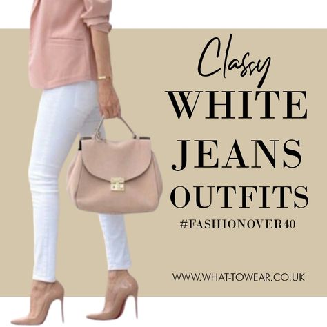 White Jeans For Work, Business Casual White Jeans, White Jeans Outfit Classy, Tops To Wear With White Jeans, White Jeans Business Casual Outfit, How To Style White Jeans Casual, White Jeans Outfit Work, How To Wear White Jeans Over 50, White Jeans Outfit Summer Work