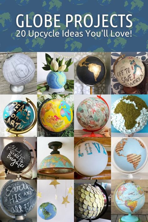 Are you always finding old globes in thrift stores? Here are DIY globe projects that you'll love - you're going to love these makeovers! Upcycle Globe Diy Projects, How To Paint A Globe, Painted Globes Diy Ideas, Globe Ideas Diy, Old Globe Ideas Diy Projects, Globe Crafts Diy, Globe Upcycle Diy Projects, Globe Decor Ideas, Decoupage Globe