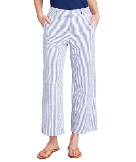 Shop Seersucker High Waist Cropped Pants at vineyard vines Seersucker Pants Outfit Women, Breton Stripe Shirt, Preppy Essentials, Classic Wardrobe Essentials, Seersucker Pants, Vintage Traditional, Rustic Jewelry, Simple Tees, Pants Blue