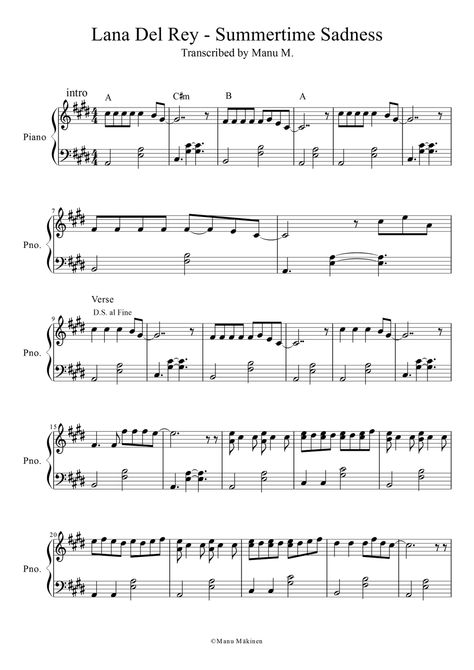 Lana Del Rey: Summertime Sadness piano sheet #1 Lana Del Rey Piano Notes, Summertime Lana Del Rey, Lana Del Rey Piano, Oboe Music, Piano Songs Sheet Music, Music Theory Piano, Sheet Music With Letters, Piano Sheet Music Letters, Piano Notes Songs