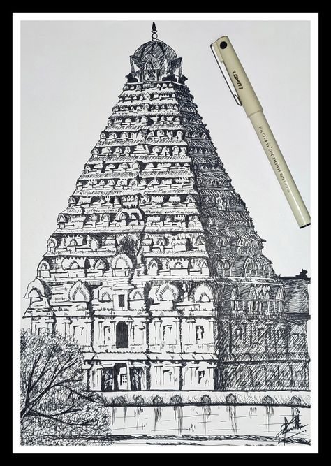 Thanjai Periya Kovil Drawings, Temple Sketches Indian, Brihadisvara Temple, Pen Shading, God Drawings, Indian Monuments, Big Temple, Temple Drawing, Indian Temple Architecture