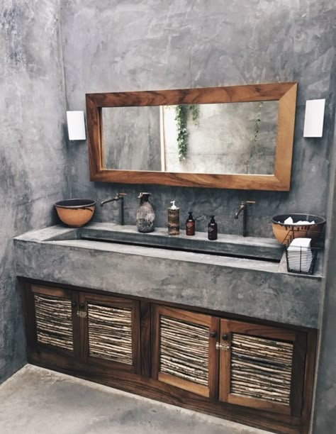 Nos gusta pared pero no mueble. Diy Rustic Bathroom, Tap House, Bathrooms Ideas, Rustic Bathroom Designs, Industrial Bathroom, Rustic Bathroom Decor, Rustic Bathrooms, Trendy Bathroom, Concrete Countertops