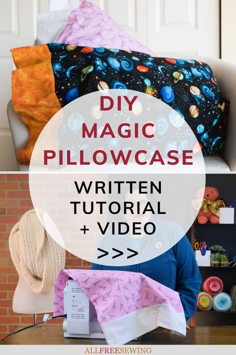 This super easy DIY pillowcase is so fun because it's the magical kind! Learn how to sew a pillowcase with our video tutorial and written directions. These magic pillowcase instructions are so easy to follow. It is the perfect fast and easy pillowcase pattern for you to make in under 15 minutes. This magic pillowcase method is also known as the taco, burrito, or cuffed, just depends on who you talk to. In any case, they are all roughly the same in that they are quick and easy to do. Magic Pillowcase, Pillowcase Ideas, Sew A Pillowcase, Easy Pillowcase, Burrito Pillowcase, Diy Pillowcase, Pillowcase Tutorial, Taco Burrito, Simple Magic