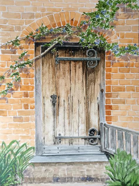 Brick House Watercolor Painting, Brick Wall Watercolor, Watercolour Brick Wall, Watercolour Bricks, Brick Wall Painting Art, Door Reference, Doors Painting, Object Study, Aquarell Painting