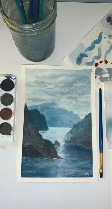 Diy Canvas Art Watercolor, Watercolor Of Water, Long Watercolor Painting, Water Paintings Easy, Aesthetic Watercolor Ideas, Small Watercolor Art, Nature Watercolor Paintings Easy, Unique Watercolor Paintings Ideas, Watercolor Paintings Ocean