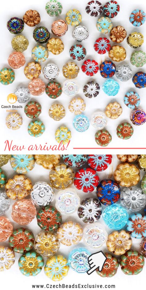 New Arrivals! Flower Anemone Glass Beads 9mm - Picasso Wash Patina, Opaque, Crystal + Crystal AB |SAVE it!| www.CzechBeadsExclusive.com #czechbeadsexcluisve #czechbeads Glass Flower Beads, Flower Anemone, Czech Beads Jewelry, Czech Glass Jewelry, New Flower, Flower Beads, Crystal Ab, Memory Wire, Handmade Beads