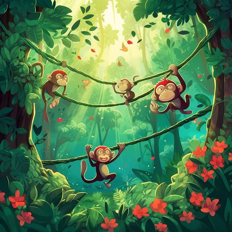 lush green forest with tall trees, vines, and colorful flowers. Longtailed macaque monkeys happily swinging through the branches. cartoon art style, children's book style Jungle Monkey Illustration, Monkey Jungle Illustration, Swing Illustration, Animation Poster, Jungle Landscape, Lush Green Forest, Monkey Drawing, Monkey Illustration, Tree Story