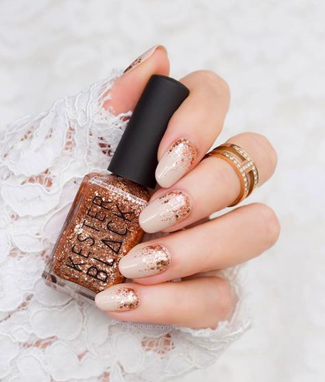 Summer Wedding Manicure Ideas (Perfect for your Honeymoon Too!) | OneFabDay.com Nude And Rose Gold Nails, Rose Gold Nails Glitter, Gold Glitter Nail Polish, Nye Nails, Bridal Nail Art, Gold Nail Designs, Plain Nails, Gold Glitter Nails, Gold Nail