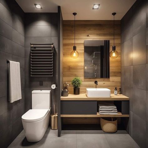 Wood Grey Bathroom, Wood And Grey Bathroom, Grey And Wood Bathroom Ideas, Shower Wood Floor, Mountain Apartment, Charcoal Bathroom, Gray Shower Tile, Half Bathroom Decor, Dark Bathrooms