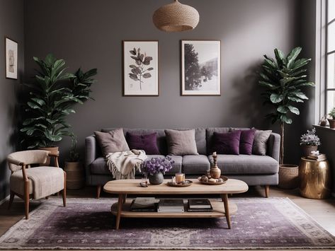 Loving the plum throw pillows against the grey couch! . . . . . . . #purpledecor #plumdecor #bohochic #holisticinterior #moodyinteriors #sustainablehomedecor #livingroominspirations #moodydecor #holisticliving #holistichome #earthconscioushomedecor #bohovibes #moodyvibes #holisticvibes #amethyst #february #digitaldesigns #aidesign Grey Couch Purple Accents, Plum Couch Living Room, Purple And Gray Living Room, Purple And Grey Living Room, Plum Throw Pillows, Living Room Decor Grey Couch, Purple Living Room Ideas, Dark Grey Couch Living Room, Purple Couch