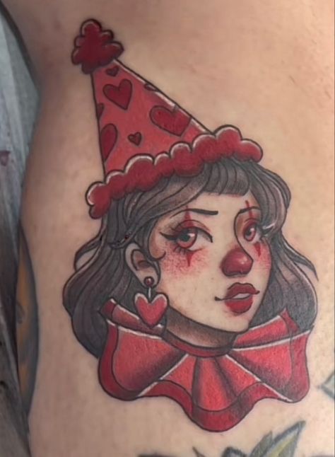 Girl Clown Tattoo, 1950s Tattoos, Cute Clown Tattoo, Traditional Clown Tattoo, Clown Girl Tattoo, Tree With Birds Tattoo, Tattoos Mermaid, Tattoos Tree, Tattoos Ocean