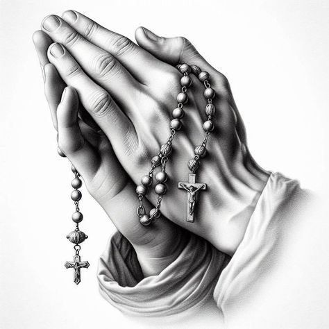 Rosary In Hand, Jesus Hand Tattoo, Praying Hands Drawing, Praying Hands With Rosary, Rosary Bead Tattoo, Christus Tattoo, Praying Hands Tattoo Design, Jesus Tattoo Design, Catholic Tattoos