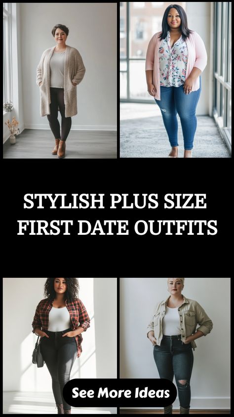 Four women modeling stylish plus-size outfits for a first date, each in a different setting. Casual First Date Outfit, Date Outfit Inspiration, Plus Size Date Night Outfits, First Date Outfit Ideas, Plus Size Date Night, Outfit Suggestions, Casual Plus Size Outfits, First Date Outfit, Relaxed Aesthetic