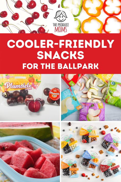 Image is a collection of different snacks. Clockwise from the top left : Cherries, Bell pepper rings, packages of sliced apples, healthy bento snack packs, sliced watermelon and Plums. Healthy Cooler Snacks, Softball Travel Meals, Snacks For Water Park, Ballfield Snack Ideas, Snacks For Softball Team, Healthy Ballpark Snacks, Snacks For Ball Tournaments, Travel Ball Snack Ideas, Ball Park Snacks